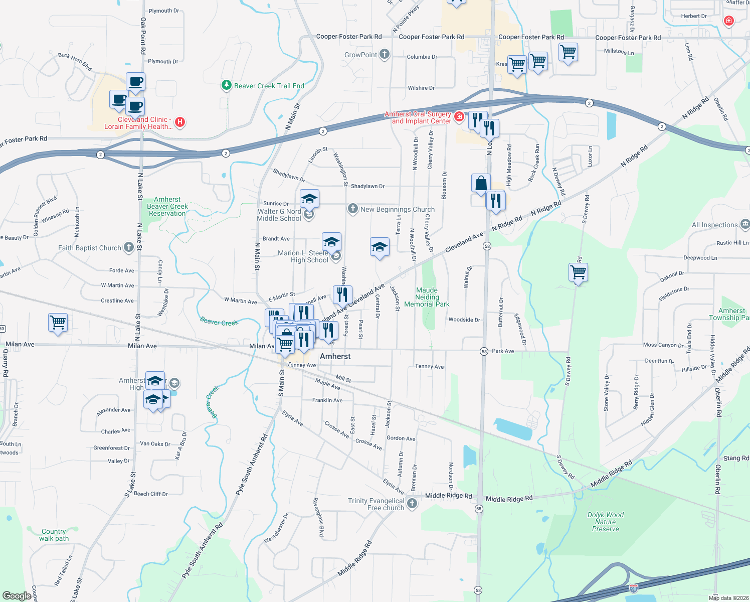 map of restaurants, bars, coffee shops, grocery stores, and more near 120 Central Drive in Amherst