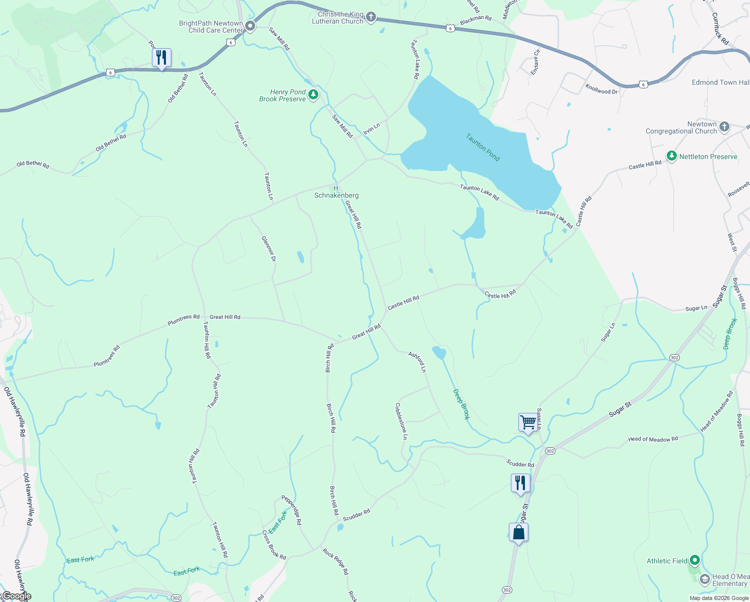 map of restaurants, bars, coffee shops, grocery stores, and more near 38 Great Hill Road in Newtown