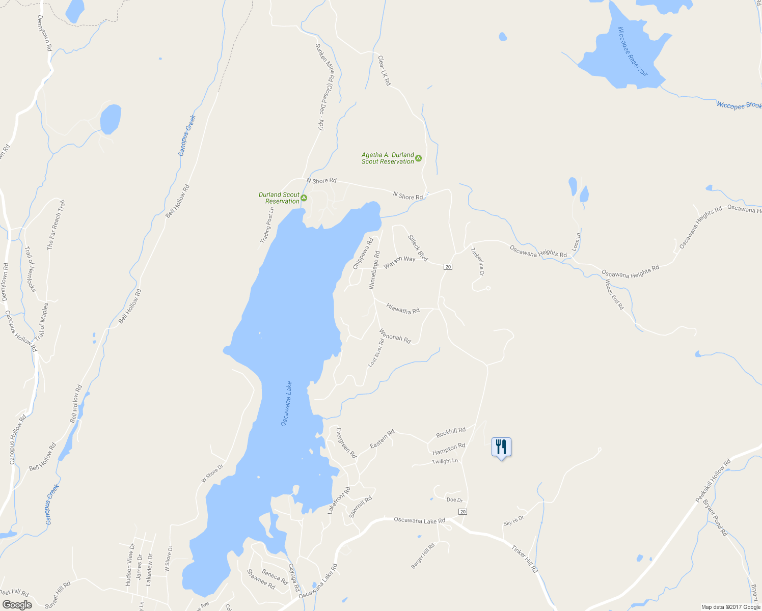 map of restaurants, bars, coffee shops, grocery stores, and more near 57 Hiawatha Road in Putnam Valley