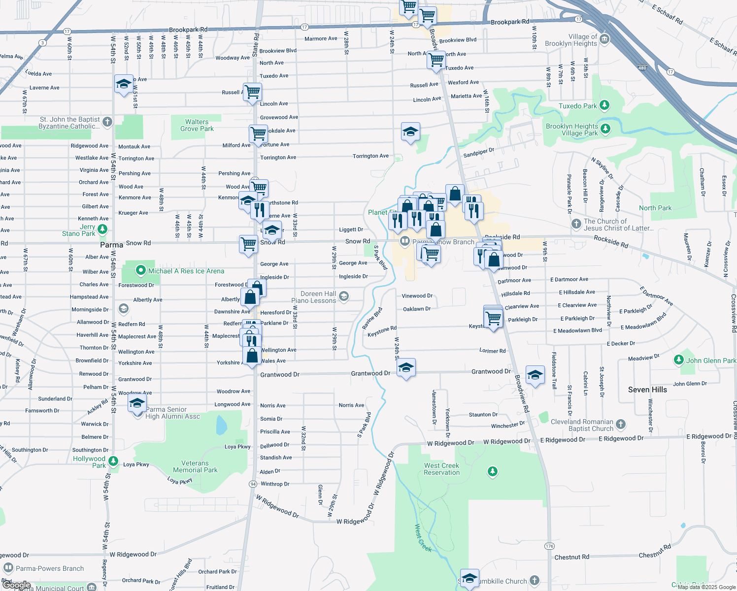 map of restaurants, bars, coffee shops, grocery stores, and more near 5939 South Park Boulevard in Parma
