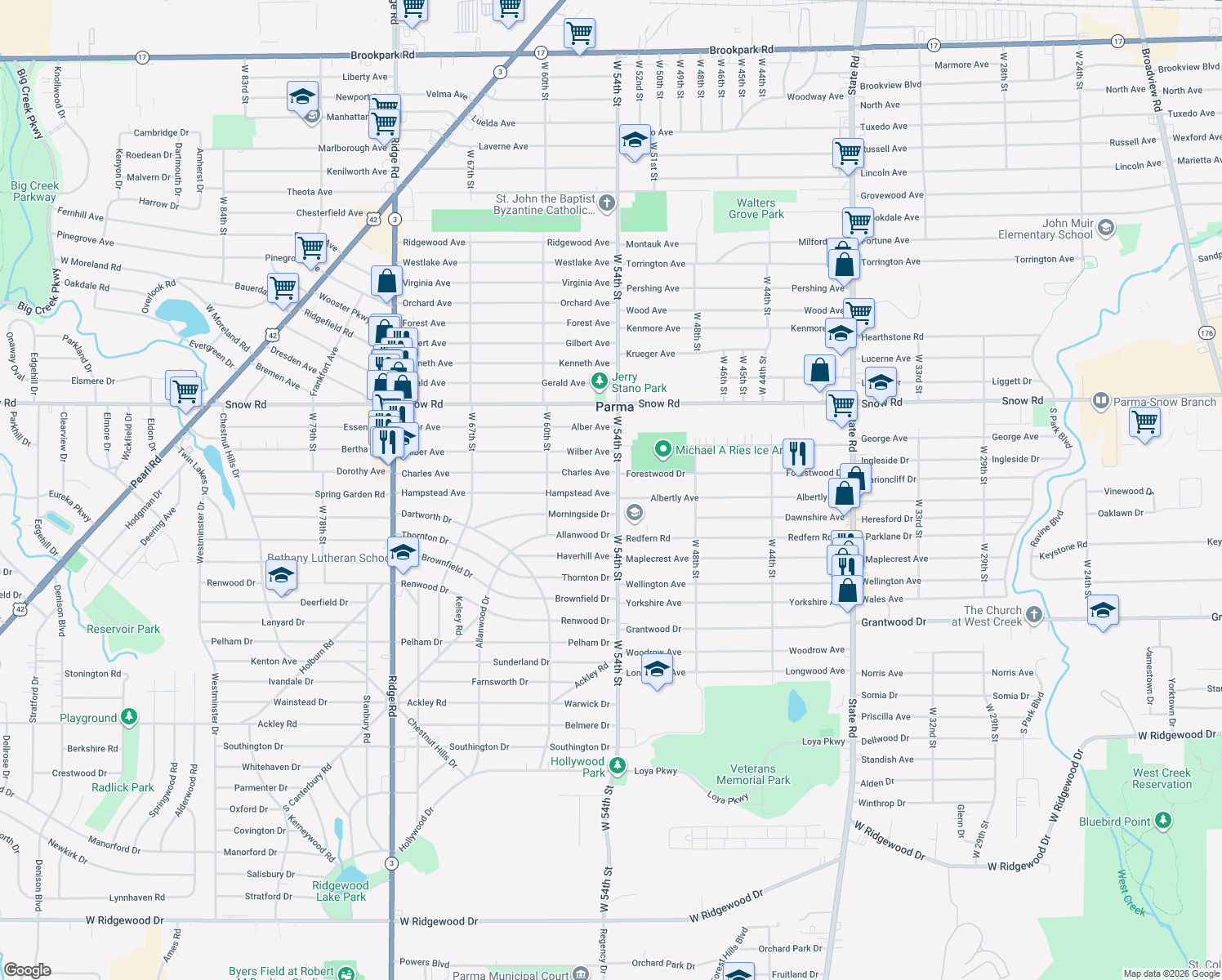 map of restaurants, bars, coffee shops, grocery stores, and more near 5924 W 54th St in Parma