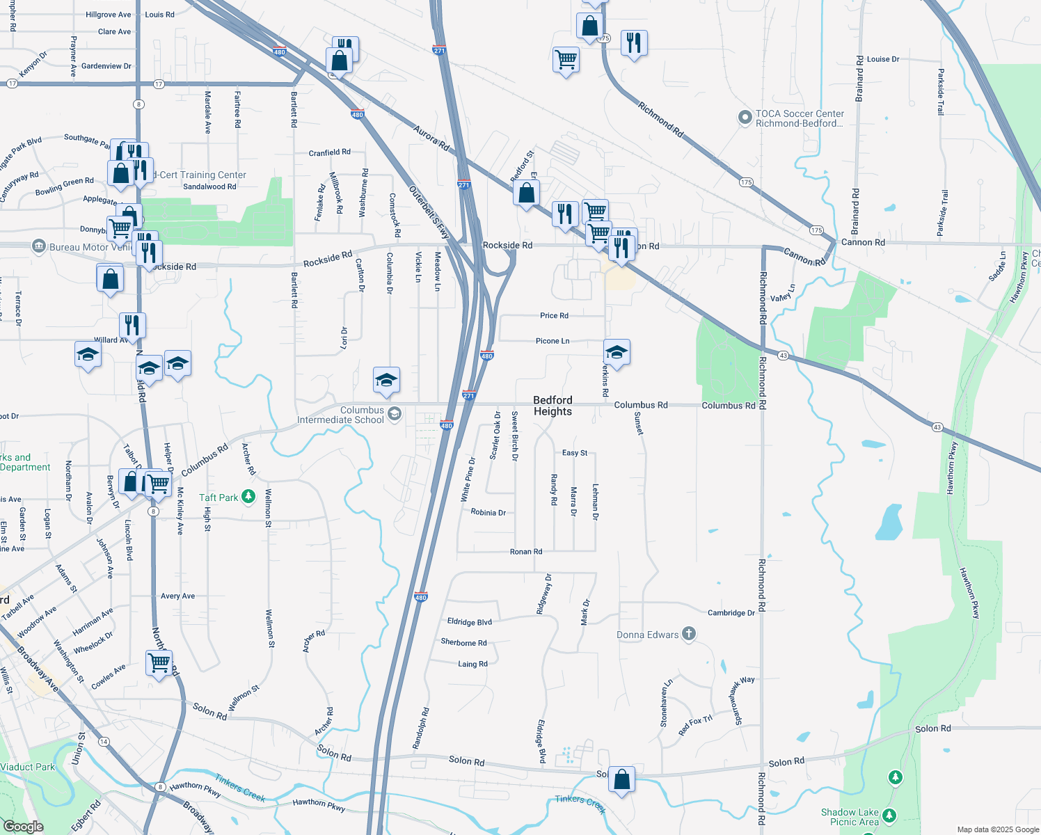 map of restaurants, bars, coffee shops, grocery stores, and more near 5817 Sweet Birch Drive in Bedford Heights