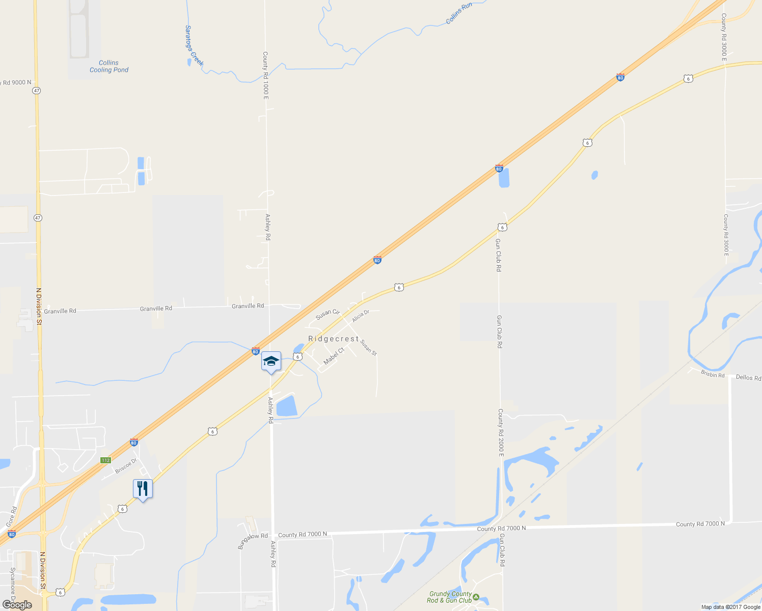 map of restaurants, bars, coffee shops, grocery stores, and more near 1550 Alicia Drive in Morris