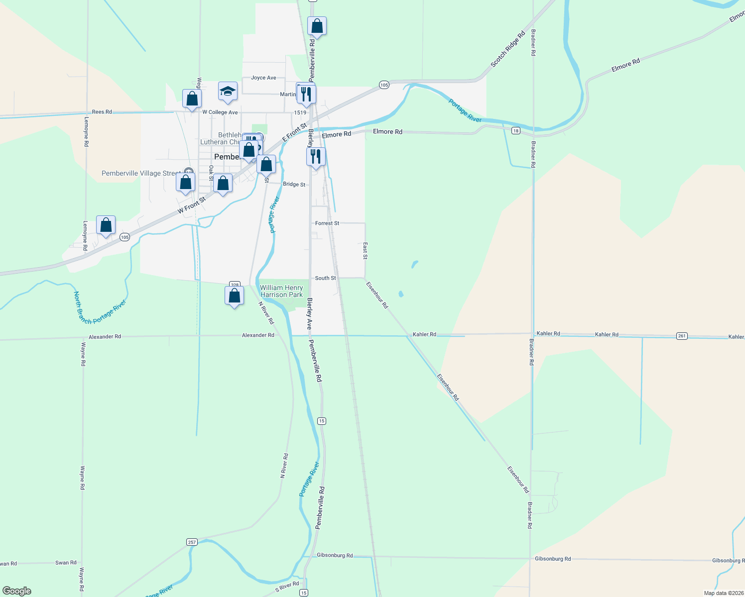 map of restaurants, bars, coffee shops, grocery stores, and more near 17221 Eisenhour Road in Pemberville