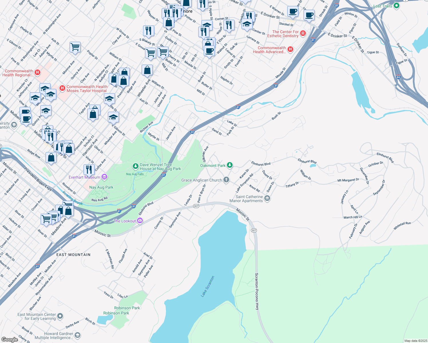 map of restaurants, bars, coffee shops, grocery stores, and more near 29 Pen-Y-Bryn Drive in Scranton