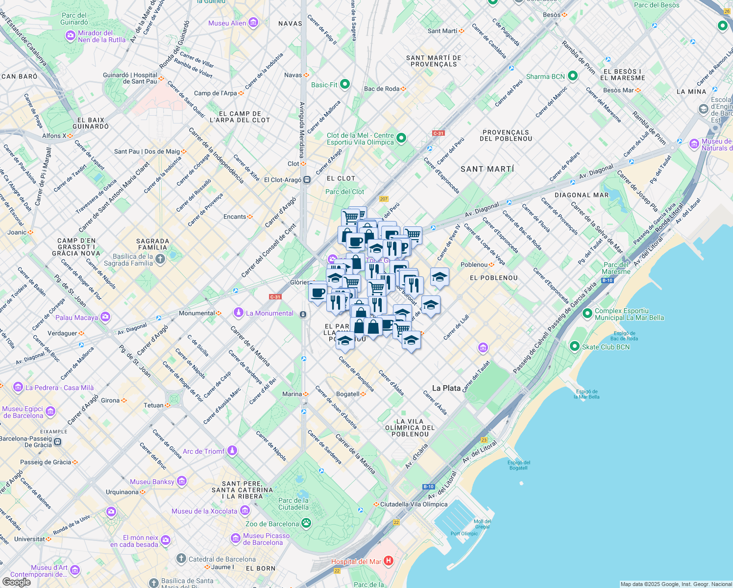 map of restaurants, bars, coffee shops, grocery stores, and more near 86 Carrer de Tànger in Barcelona