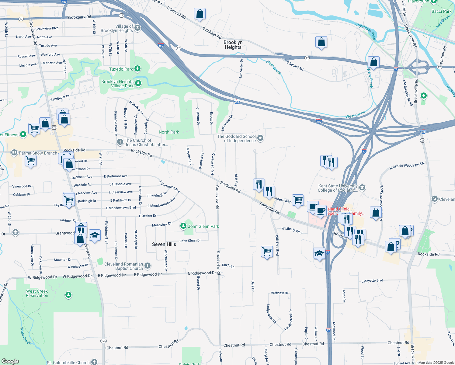 map of restaurants, bars, coffee shops, grocery stores, and more near 5947 Rockside Road in Seven Hills