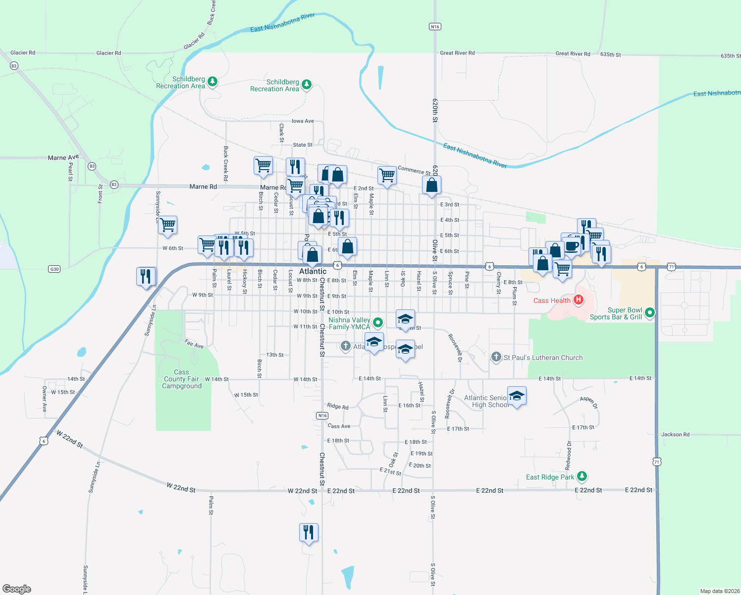 map of restaurants, bars, coffee shops, grocery stores, and more near 904 Maple Street in Atlantic