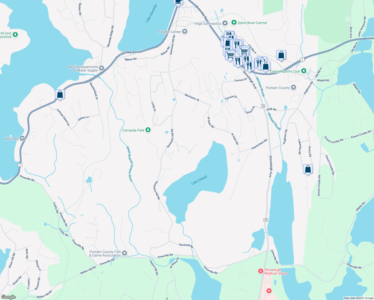 map of restaurants, bars, coffee shops, grocery stores, and more near 47 South Rock Road in Carmel Hamlet
