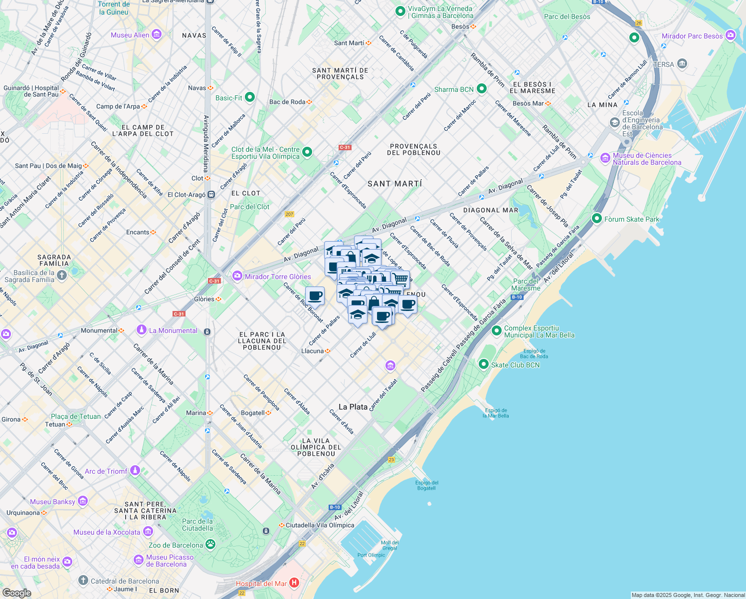 map of restaurants, bars, coffee shops, grocery stores, and more near 50 Carrer Maria Aguiló in Barcelona