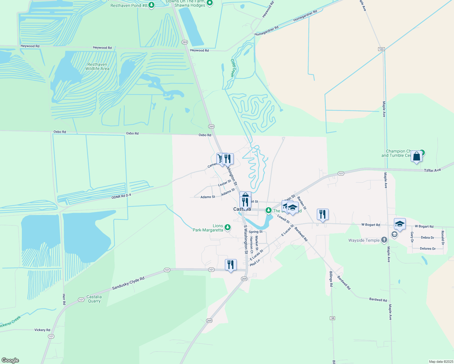 map of restaurants, bars, coffee shops, grocery stores, and more near 103 Lester St in Castalia