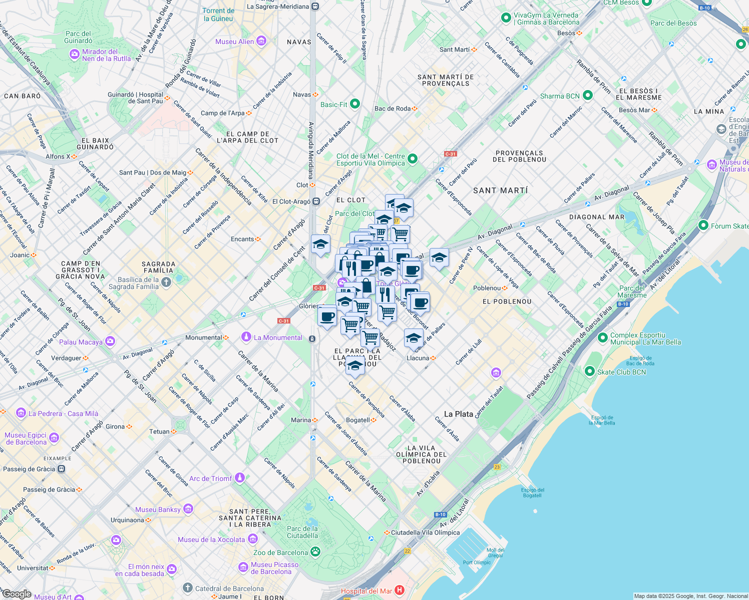 map of restaurants, bars, coffee shops, grocery stores, and more near 144 Carrer de la Ciutat de Granada in Barcelona