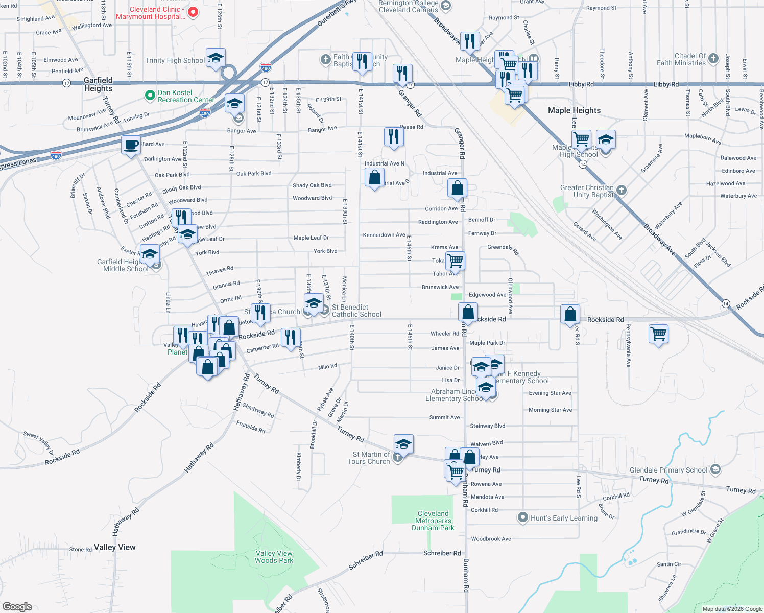 map of restaurants, bars, coffee shops, grocery stores, and more near 14301 Rockside Rd in Maple Heights