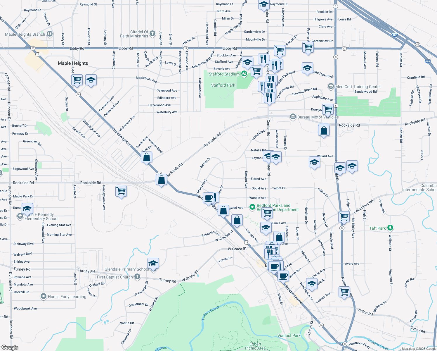 map of restaurants, bars, coffee shops, grocery stores, and more near 185 Eldred Ave in Bedford