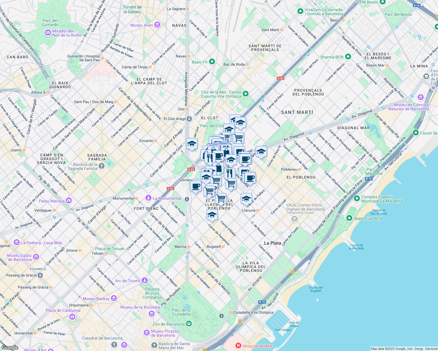 map of restaurants, bars, coffee shops, grocery stores, and more near 68 Carrer de Bolívia in Barcelona