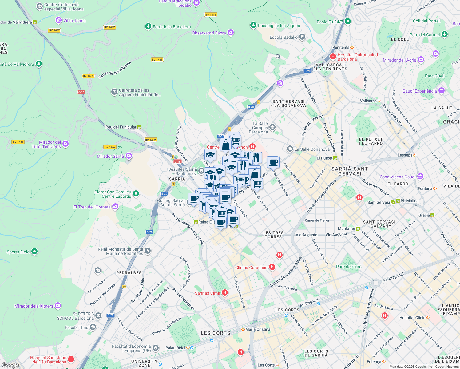 map of restaurants, bars, coffee shops, grocery stores, and more near 55 Carrer de Dolors Monserdà in Barcelona