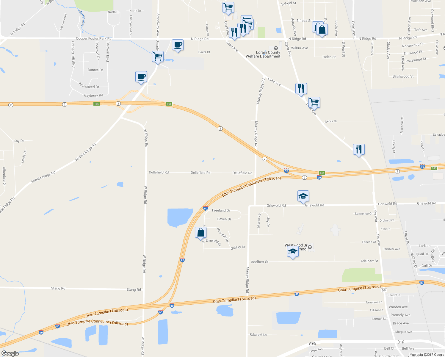 map of restaurants, bars, coffee shops, grocery stores, and more near 42911 Dellefield Road in Elyria