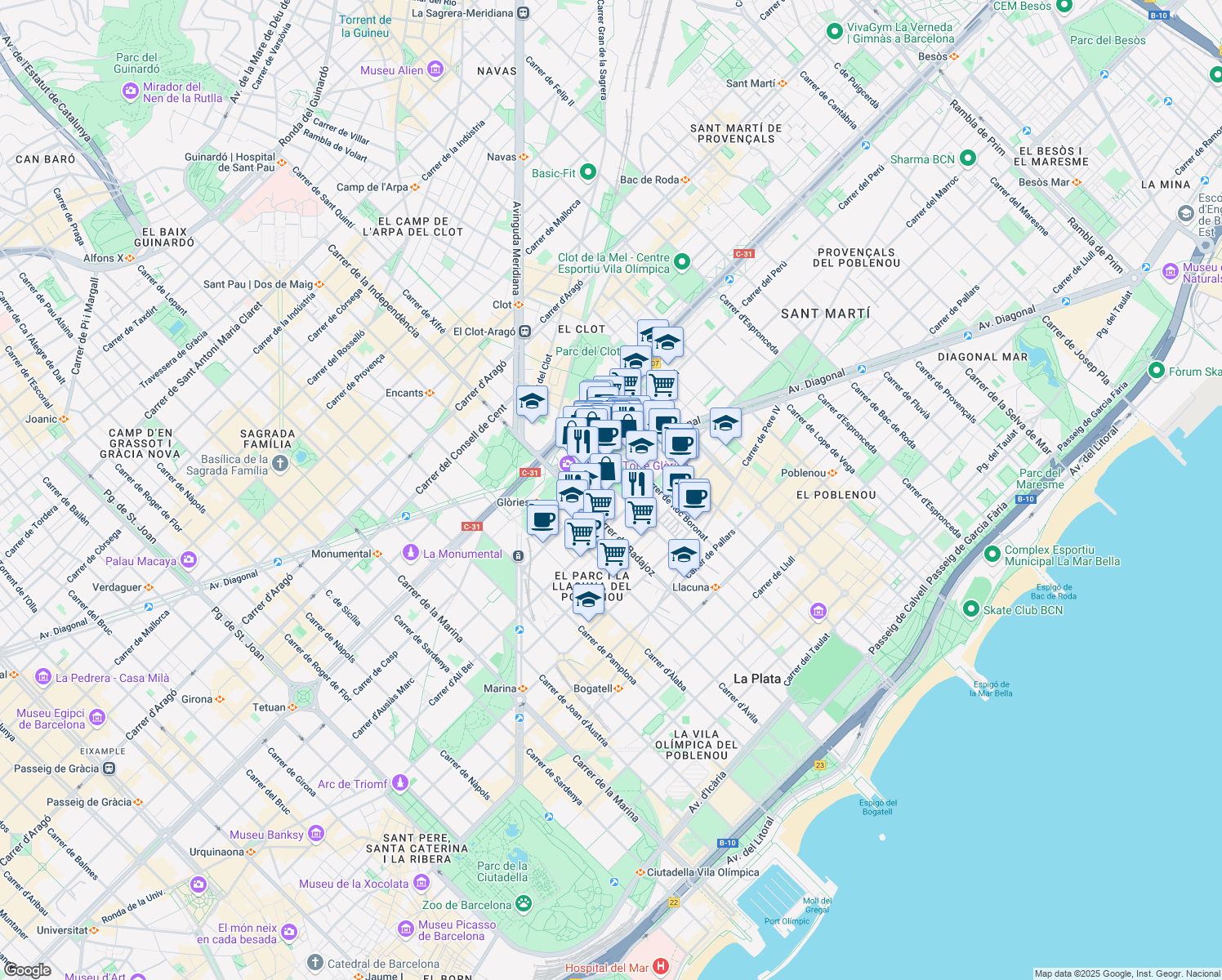 map of restaurants, bars, coffee shops, grocery stores, and more near 141 Carrer de la Ciutat de Granada in Barcelona