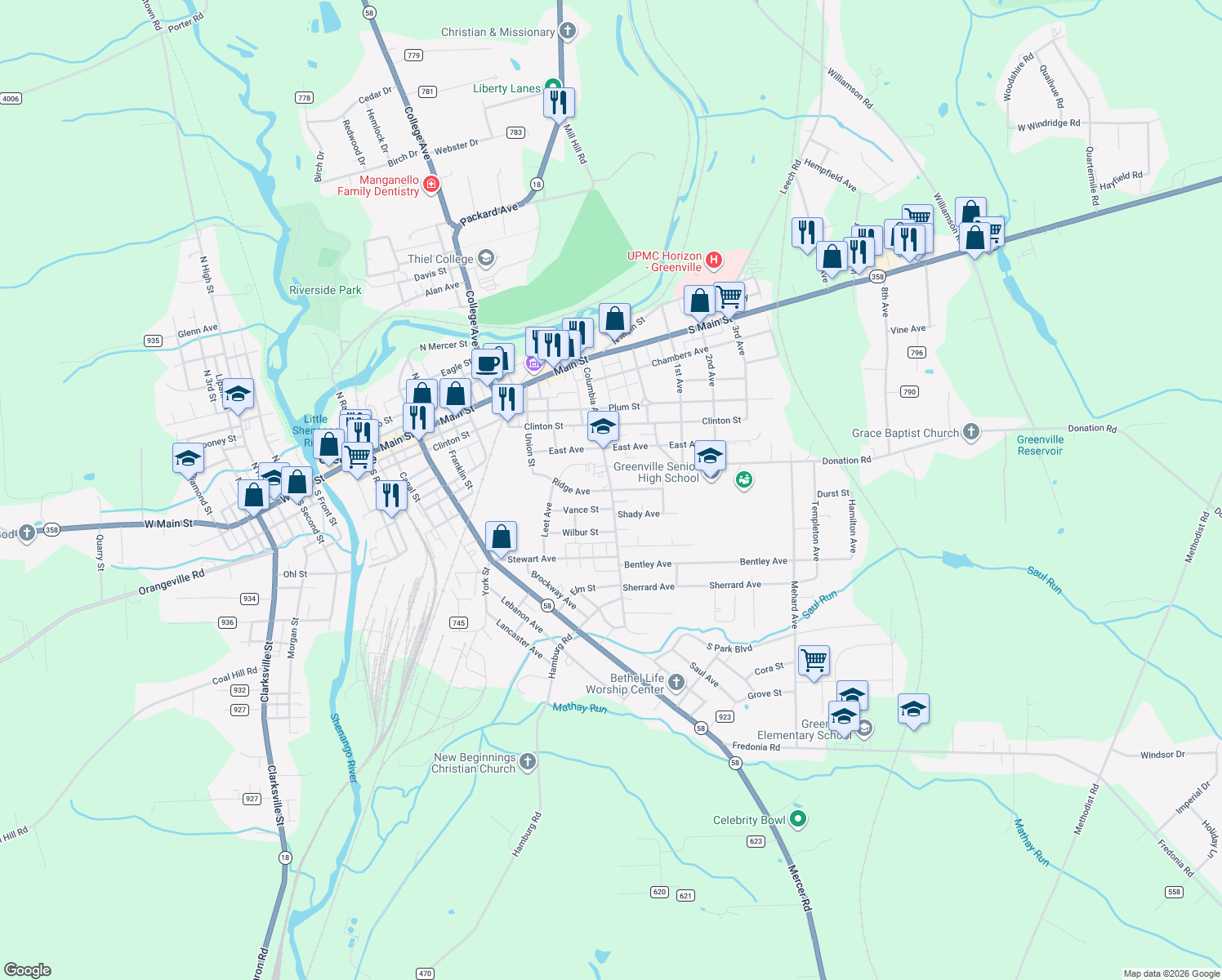 map of restaurants, bars, coffee shops, grocery stores, and more near 2 Ridge Avenue in Greenville