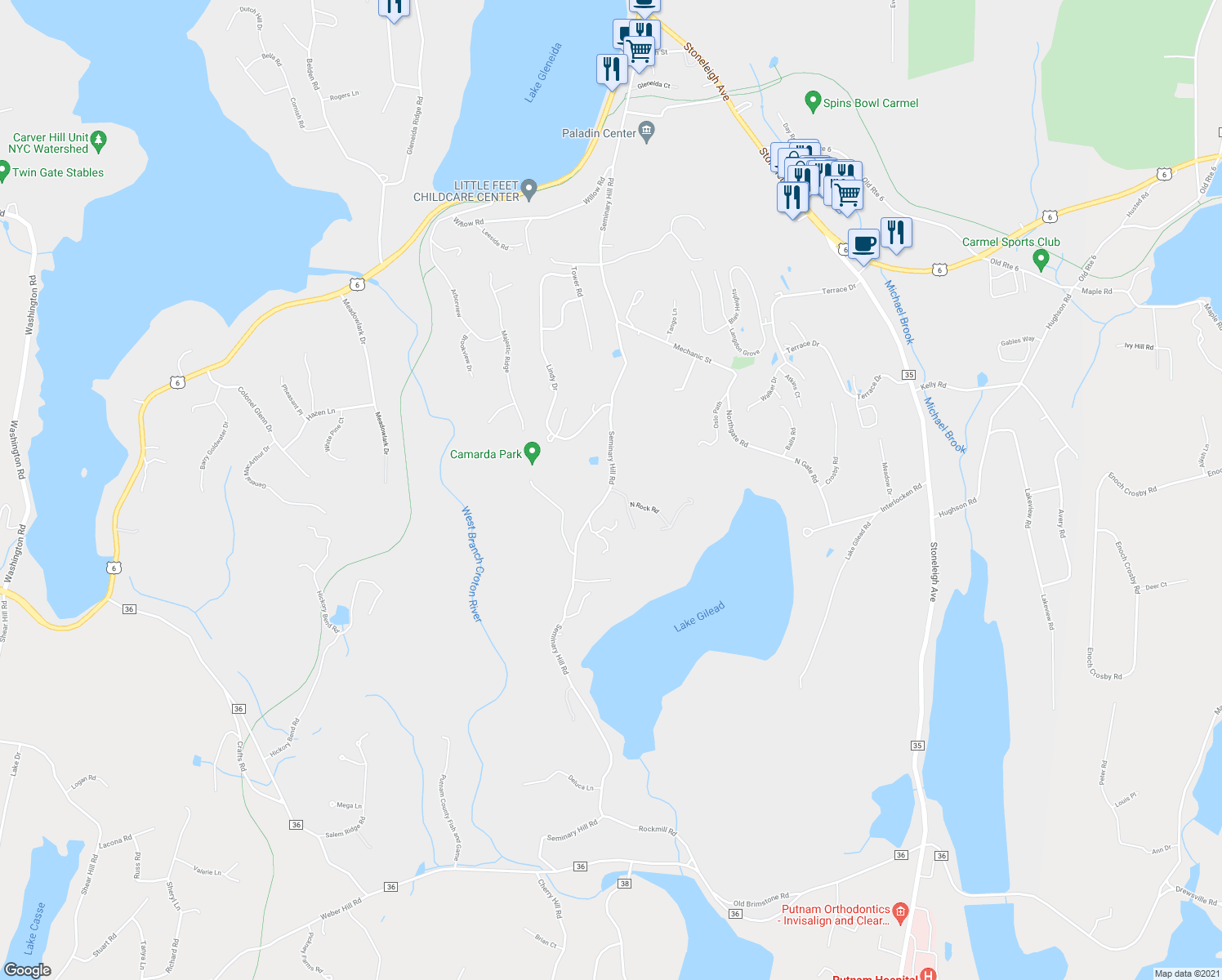 map of restaurants, bars, coffee shops, grocery stores, and more near 6 North Rock Road in Carmel