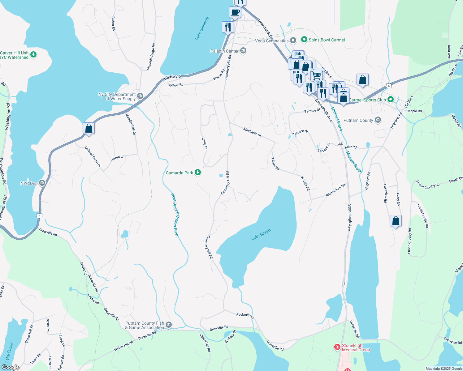 map of restaurants, bars, coffee shops, grocery stores, and more near 47 South Rock Road in Carmel Hamlet