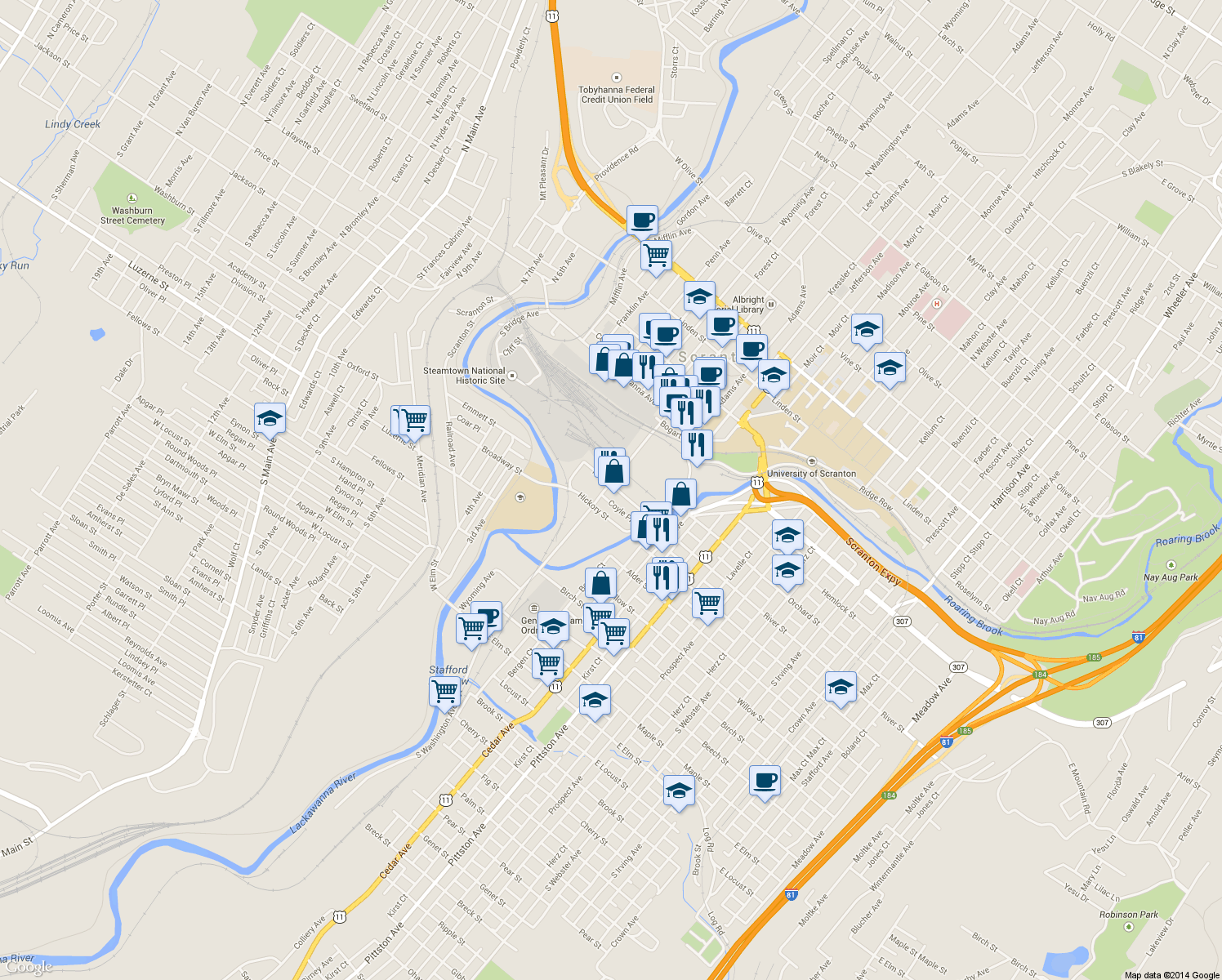 map of restaurants, bars, coffee shops, grocery stores, and more near 299 Coyle Place in Scranton