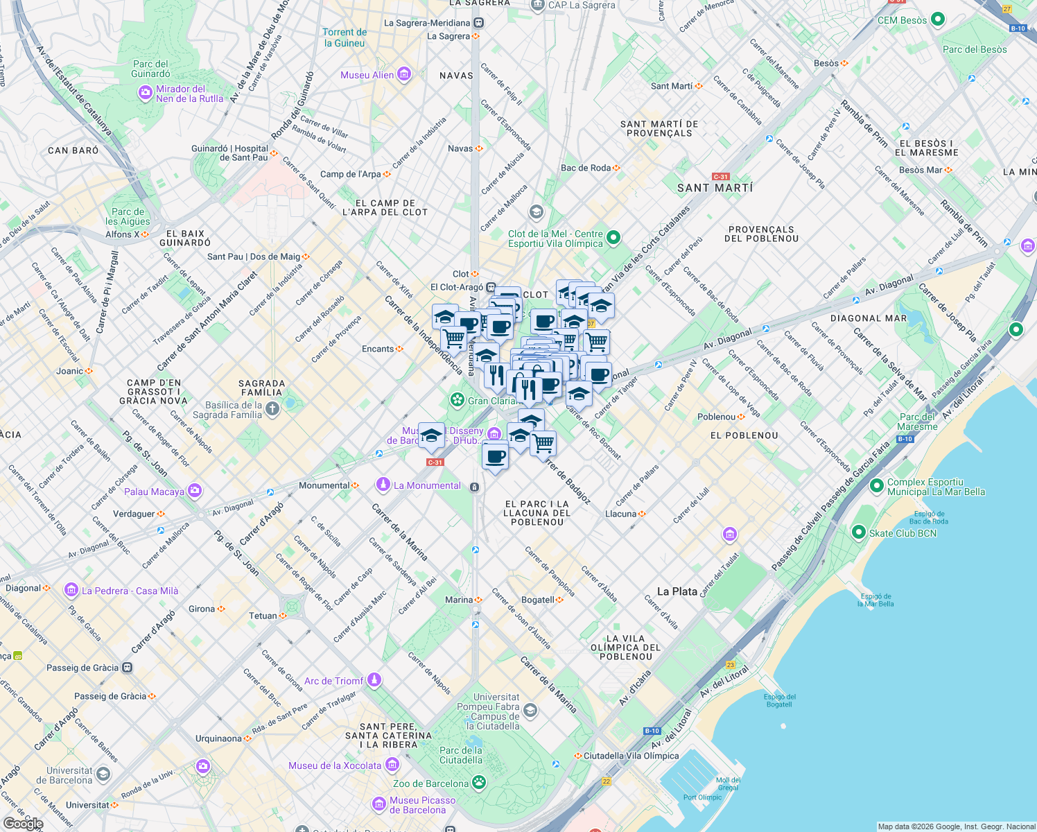 map of restaurants, bars, coffee shops, grocery stores, and more near 211 Avinguda Diagonal in Barcelona