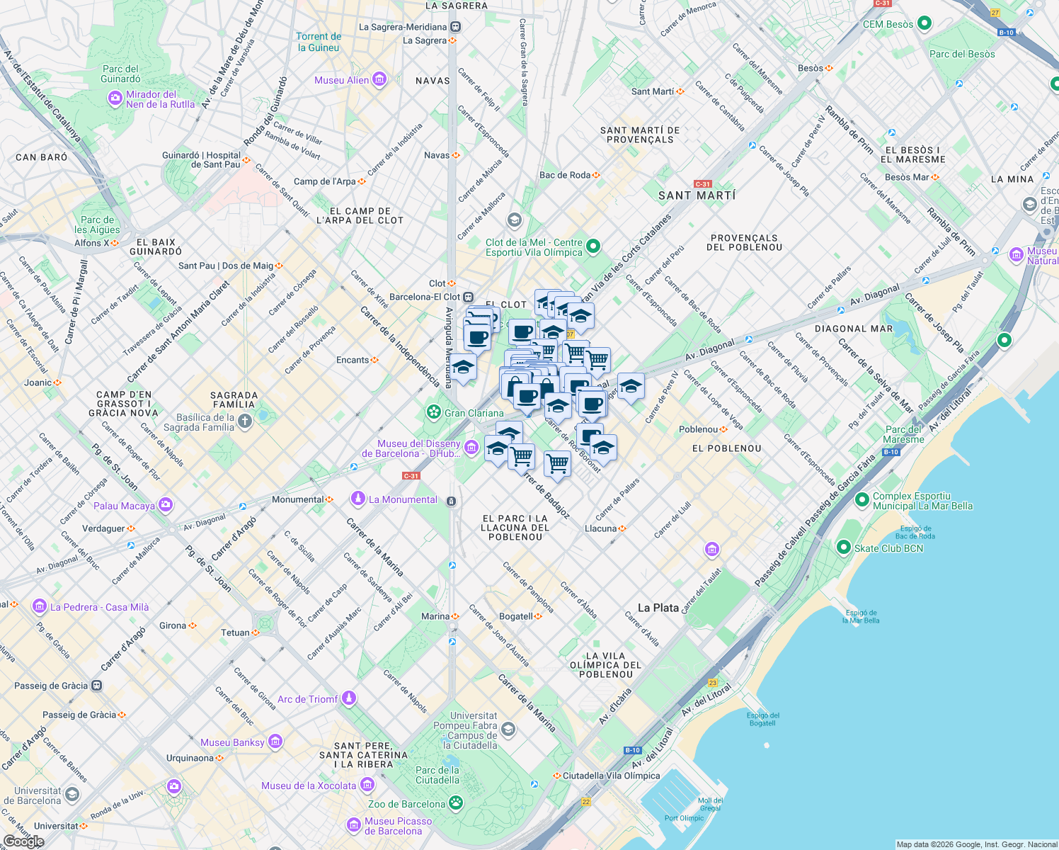 map of restaurants, bars, coffee shops, grocery stores, and more near 197 Avinguda Diagonal in Barcelona