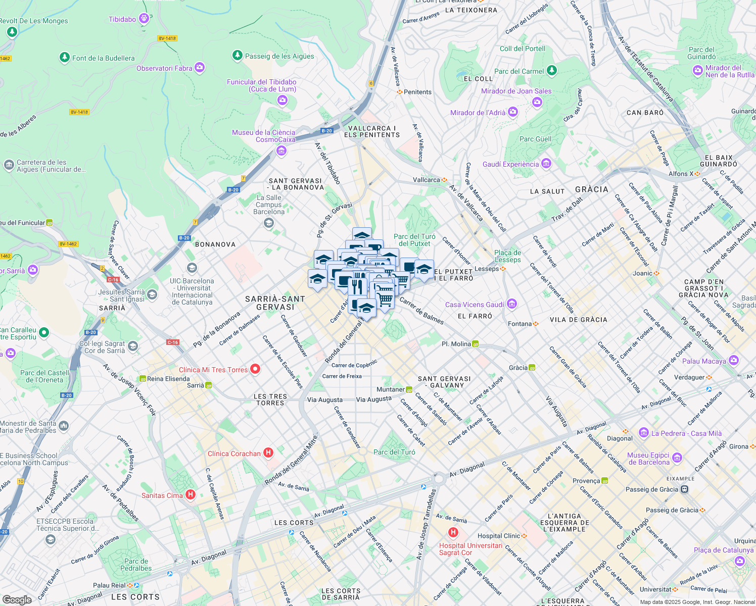 map of restaurants, bars, coffee shops, grocery stores, and more near 151 Ronda del General Mitre in Barcelona