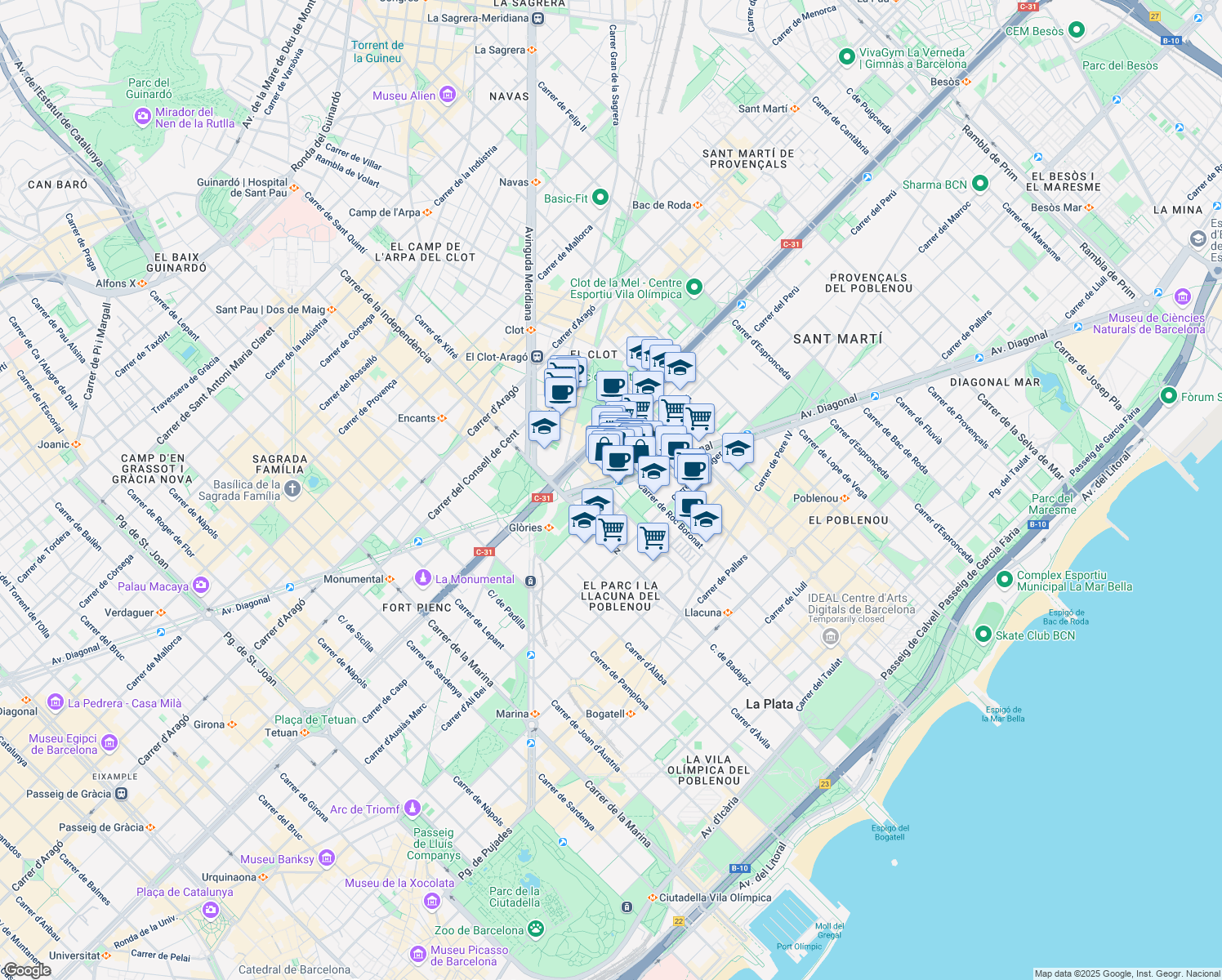 map of restaurants, bars, coffee shops, grocery stores, and more near 199 Avinguda Diagonal in Barcelona