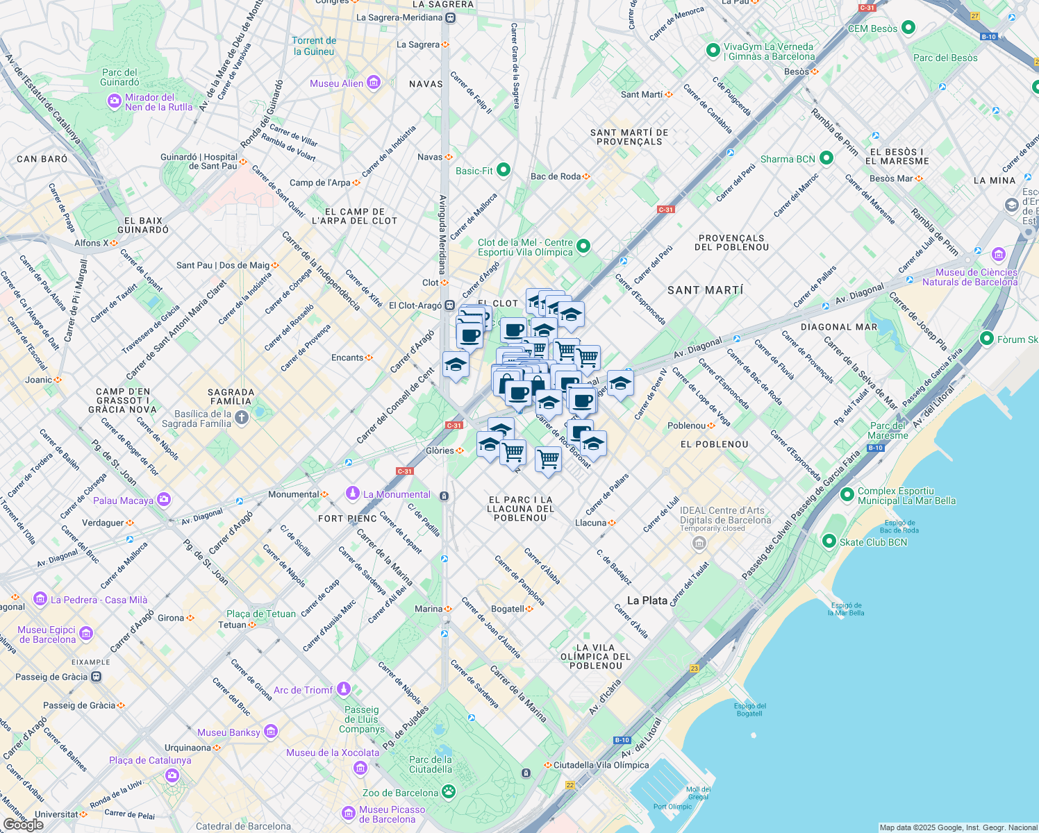 map of restaurants, bars, coffee shops, grocery stores, and more near 197 Avinguda Diagonal in Barcelona