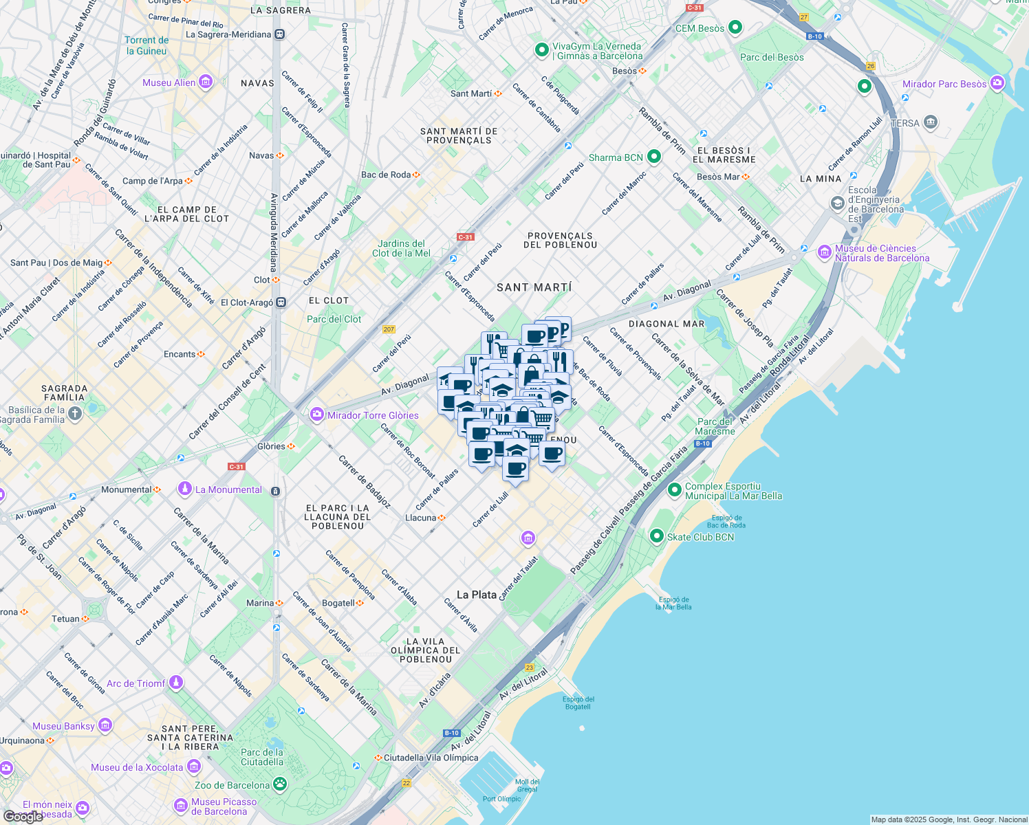 map of restaurants, bars, coffee shops, grocery stores, and more near Carrer de Pallars in Barcelona