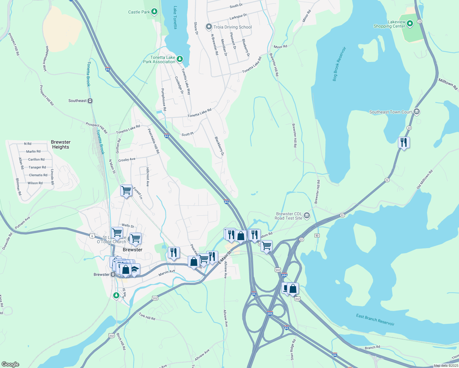 map of restaurants, bars, coffee shops, grocery stores, and more near 1501 Village Drive in Brewster
