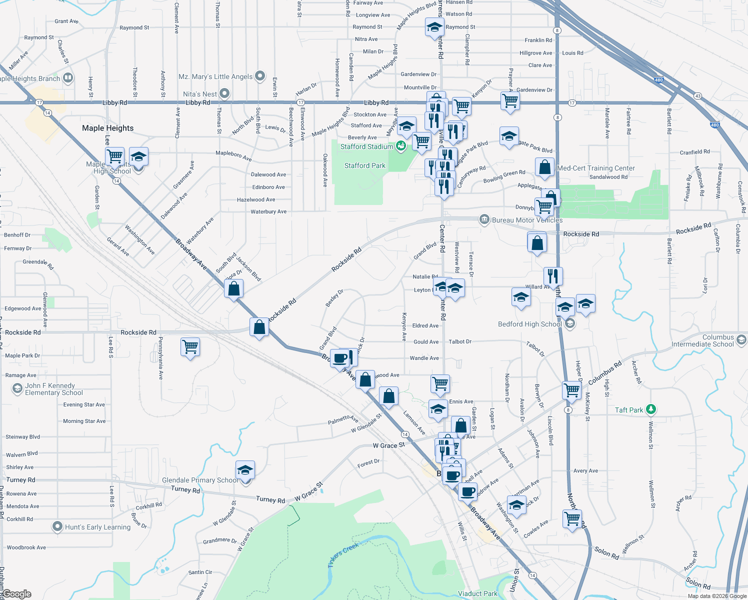 map of restaurants, bars, coffee shops, grocery stores, and more near 182 Grand Blvd in Bedford