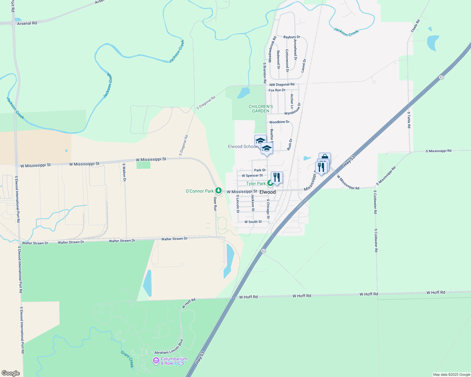 map of restaurants, bars, coffee shops, grocery stores, and more near 301 West Mississippi Street in Elwood