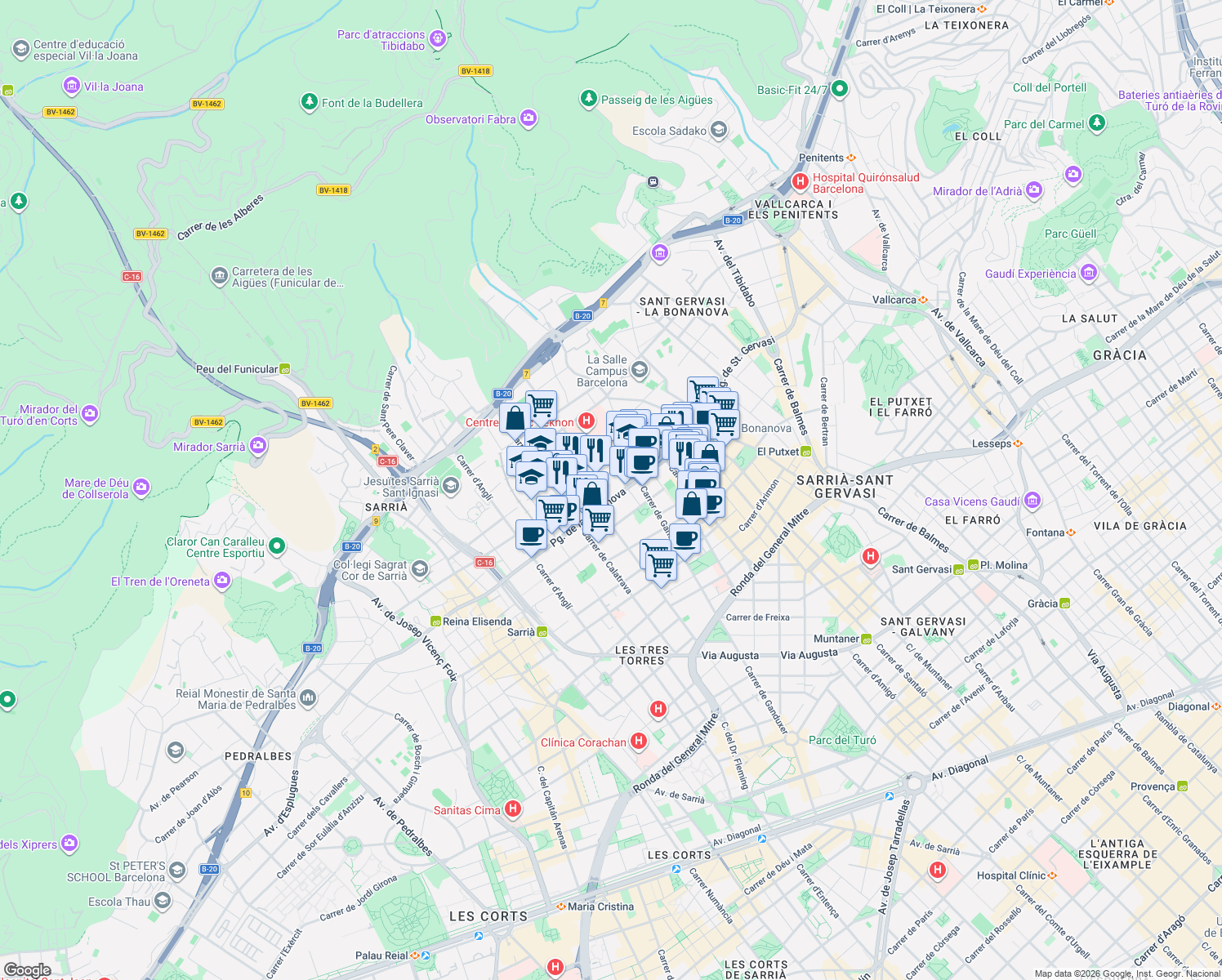 map of restaurants, bars, coffee shops, grocery stores, and more near 42 Passeig de la Bonanova in Barcelona