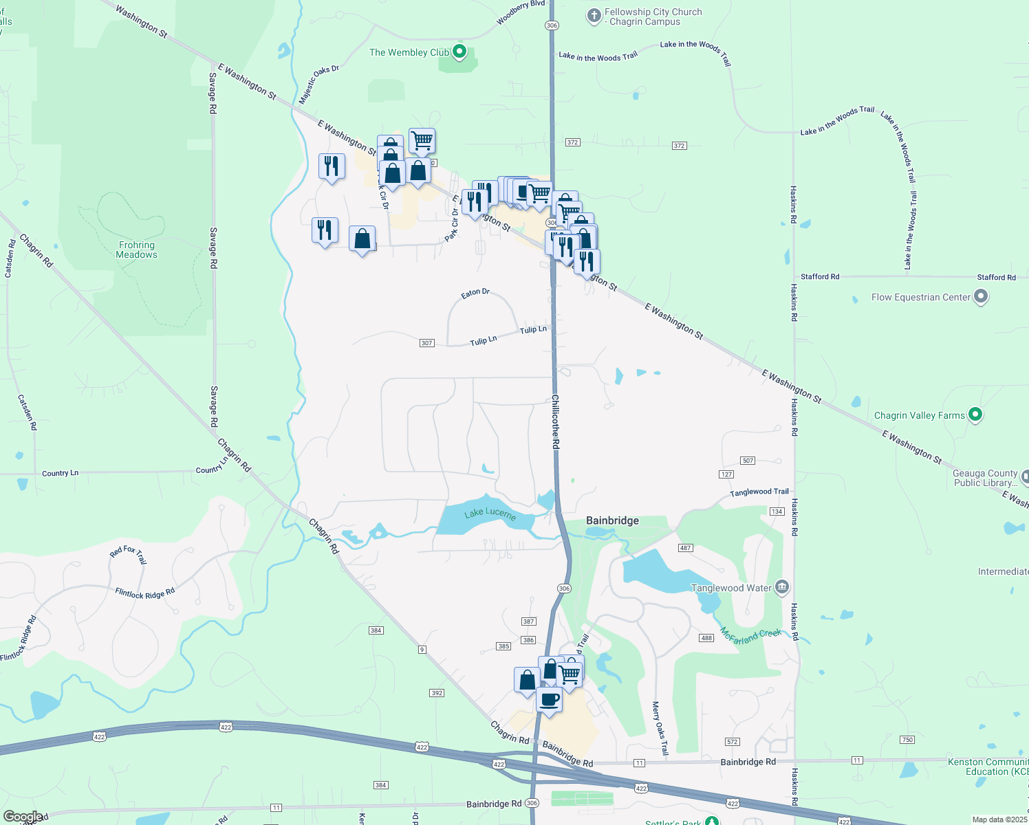 map of restaurants, bars, coffee shops, grocery stores, and more near 8443 Rockspring Dr in Chagrin Falls
