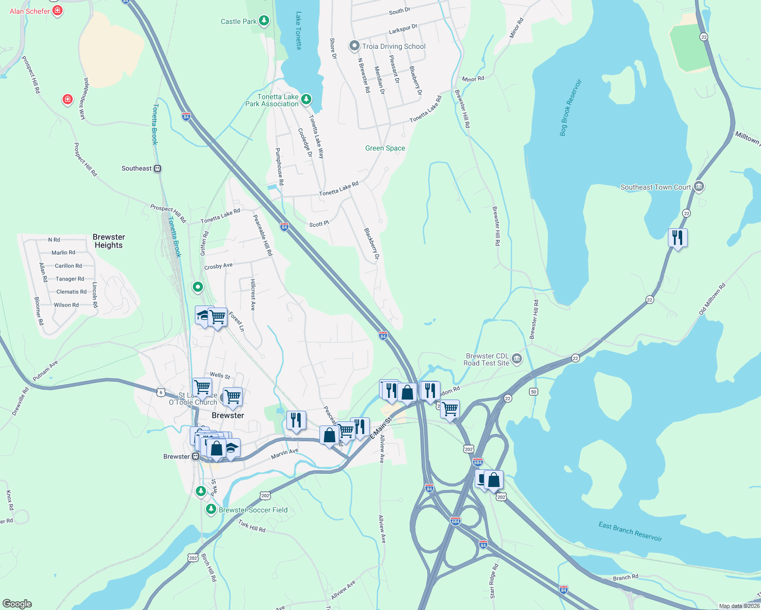 map of restaurants, bars, coffee shops, grocery stores, and more near 1501 Village Drive in Brewster