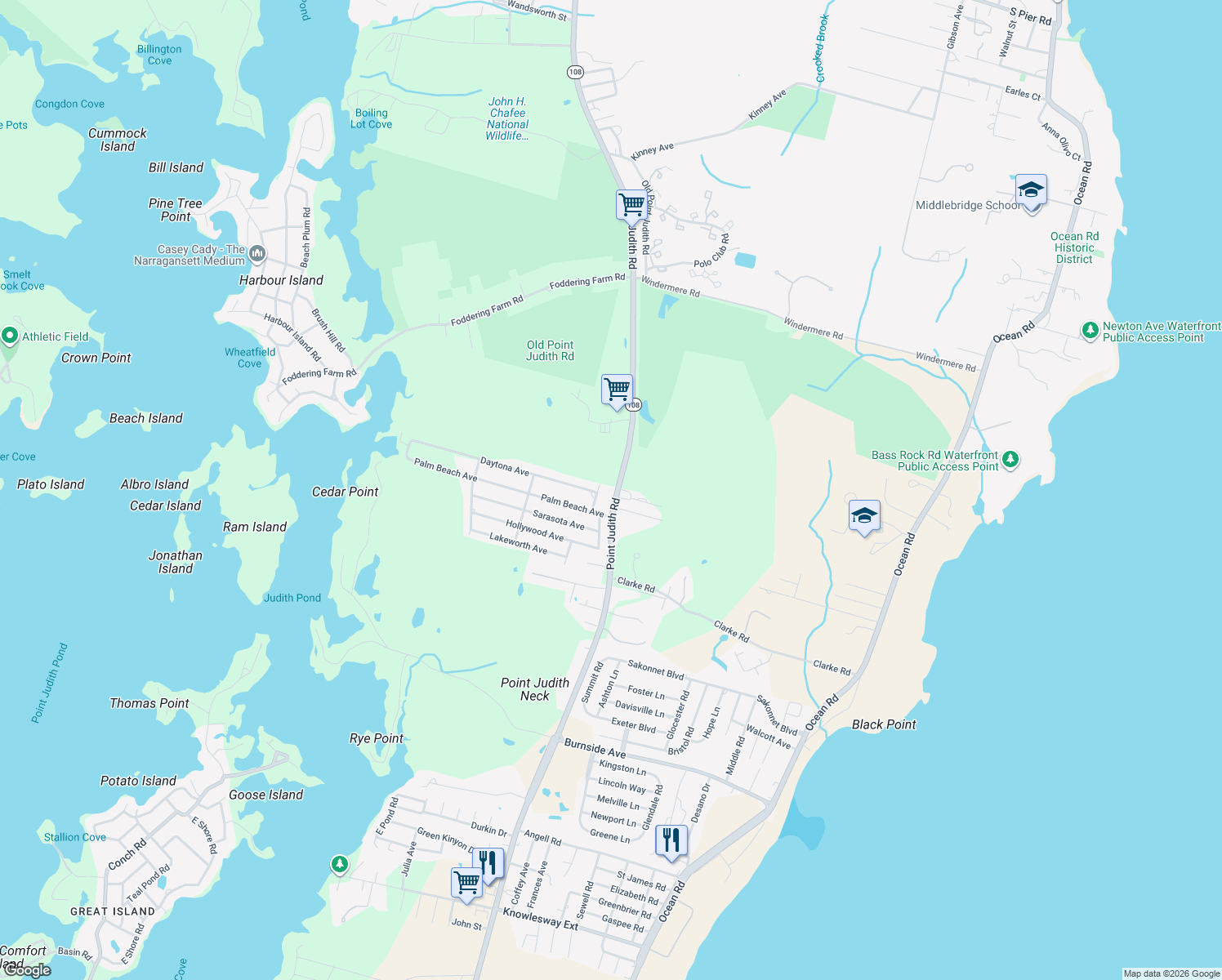 map of restaurants, bars, coffee shops, grocery stores, and more near 555 Point Judith Rd in Narragansett