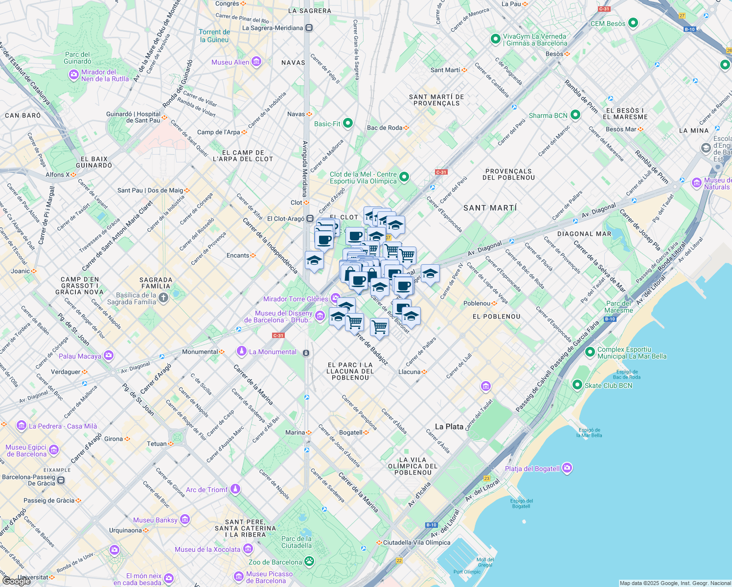map of restaurants, bars, coffee shops, grocery stores, and more near 191 Avinguda Diagonal in Barcelona