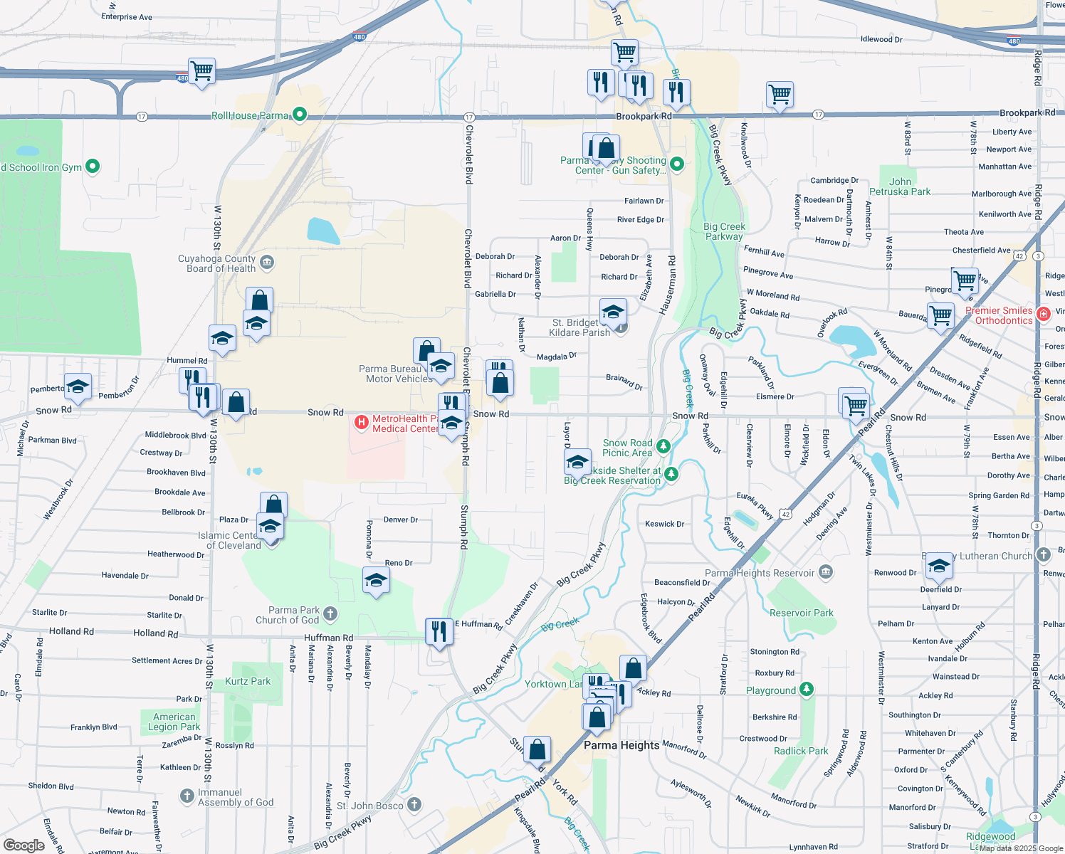 map of restaurants, bars, coffee shops, grocery stores, and more near 5817 Kings Hwy in Parma Heights