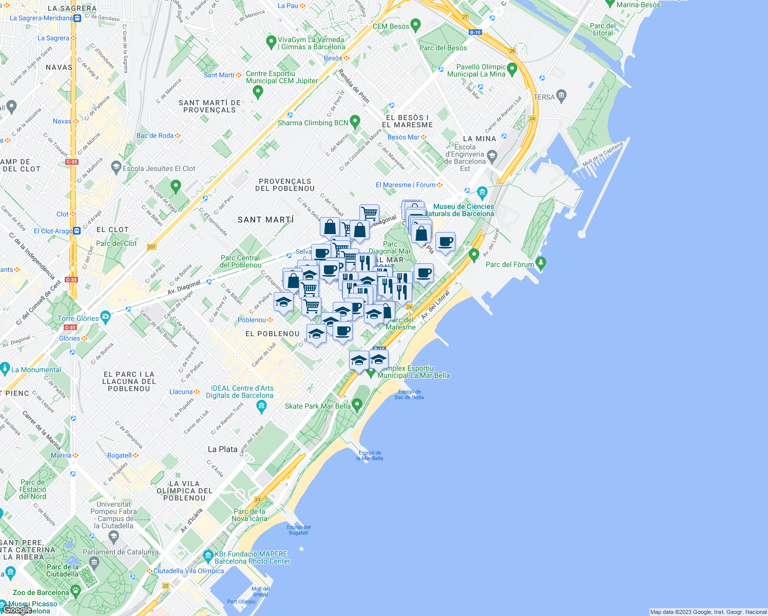 map of restaurants, bars, coffee shops, grocery stores, and more near 222 Passeig del Taulat in Barcelona