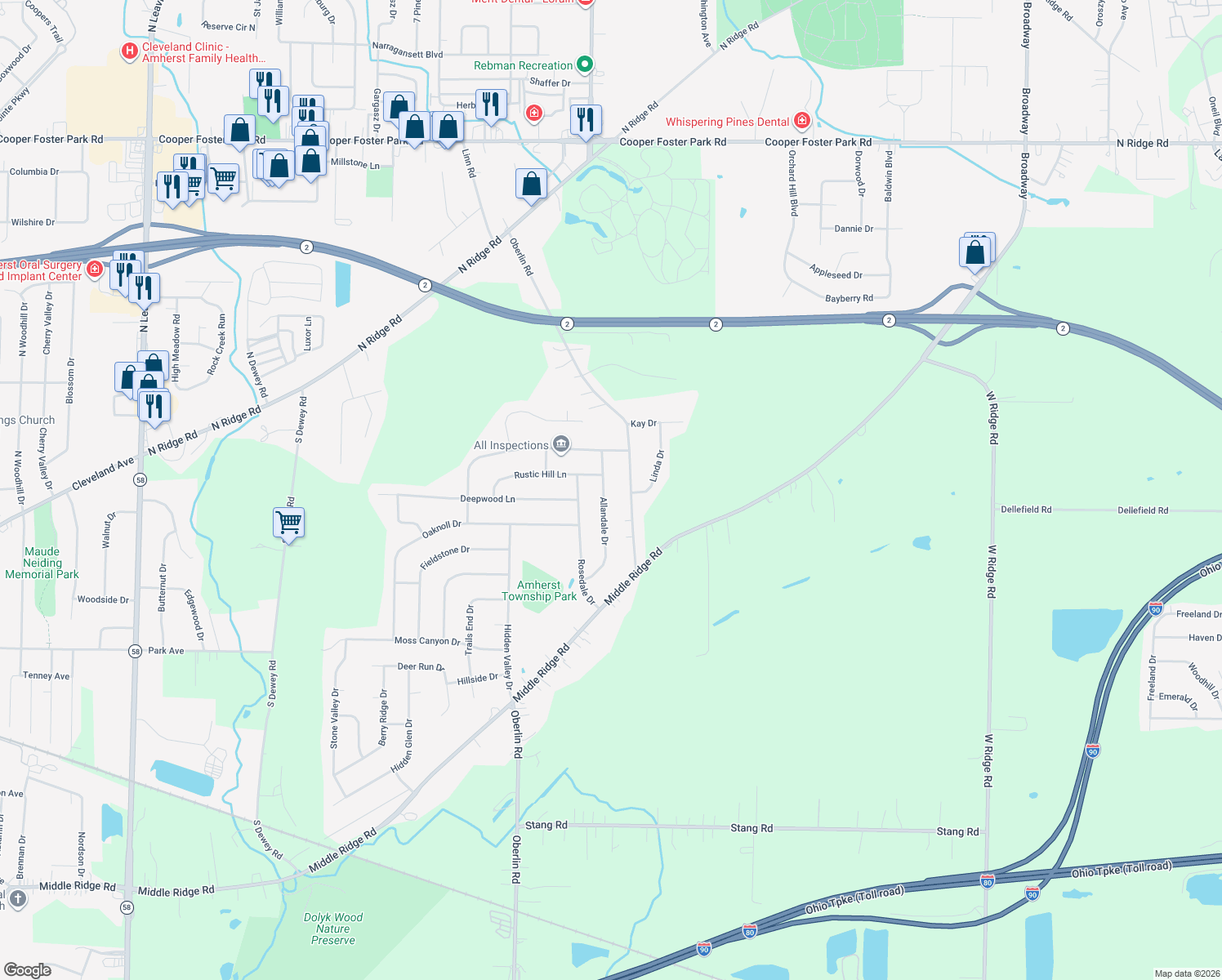 map of restaurants, bars, coffee shops, grocery stores, and more near 6603 Allandale Dr in Amherst