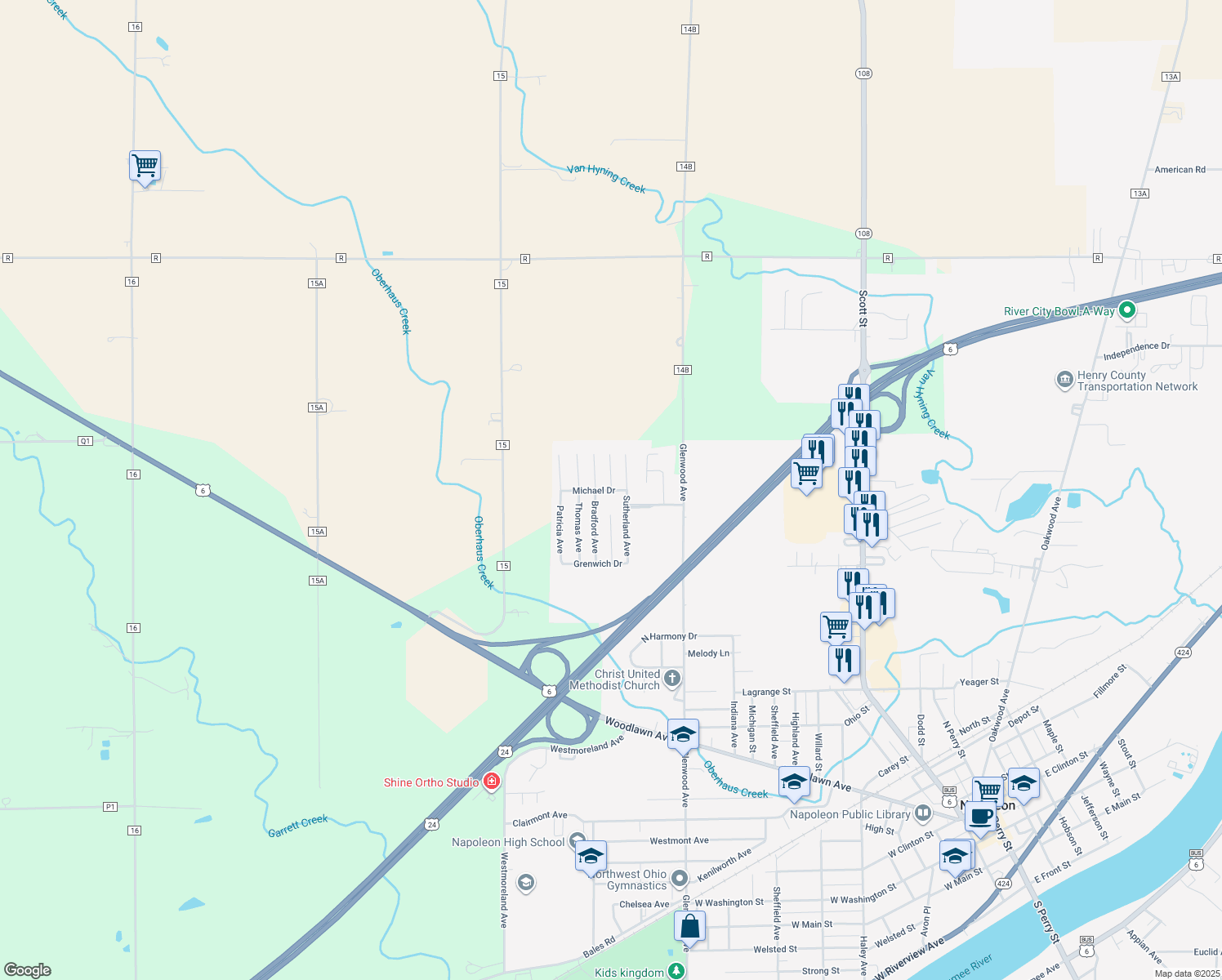 map of restaurants, bars, coffee shops, grocery stores, and more near 116 Michael Dr in Napoleon