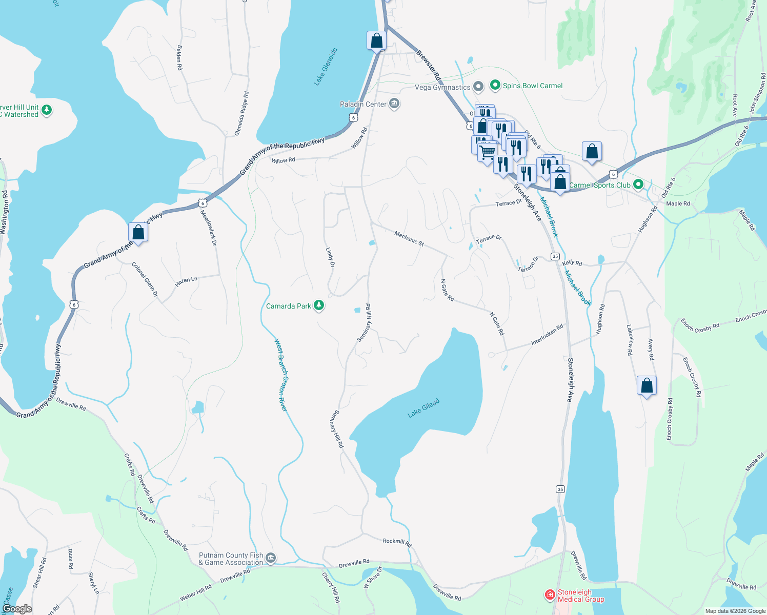 map of restaurants, bars, coffee shops, grocery stores, and more near 169 Seminary Hill Road in Carmel Hamlet