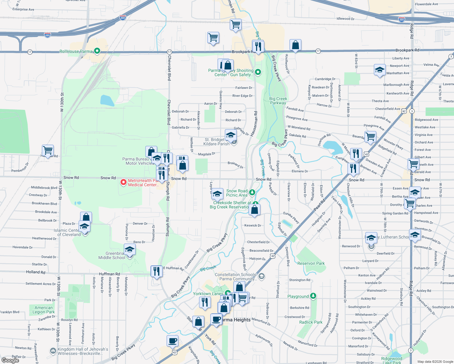 map of restaurants, bars, coffee shops, grocery stores, and more near 10605 Snow Road in Parma Heights