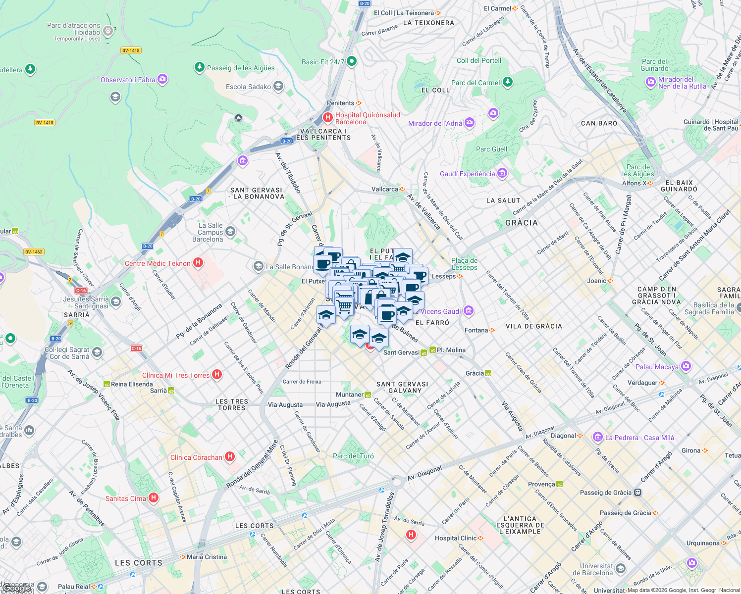 map of restaurants, bars, coffee shops, grocery stores, and more near 174 Ronda del General Mitre in Barcelona