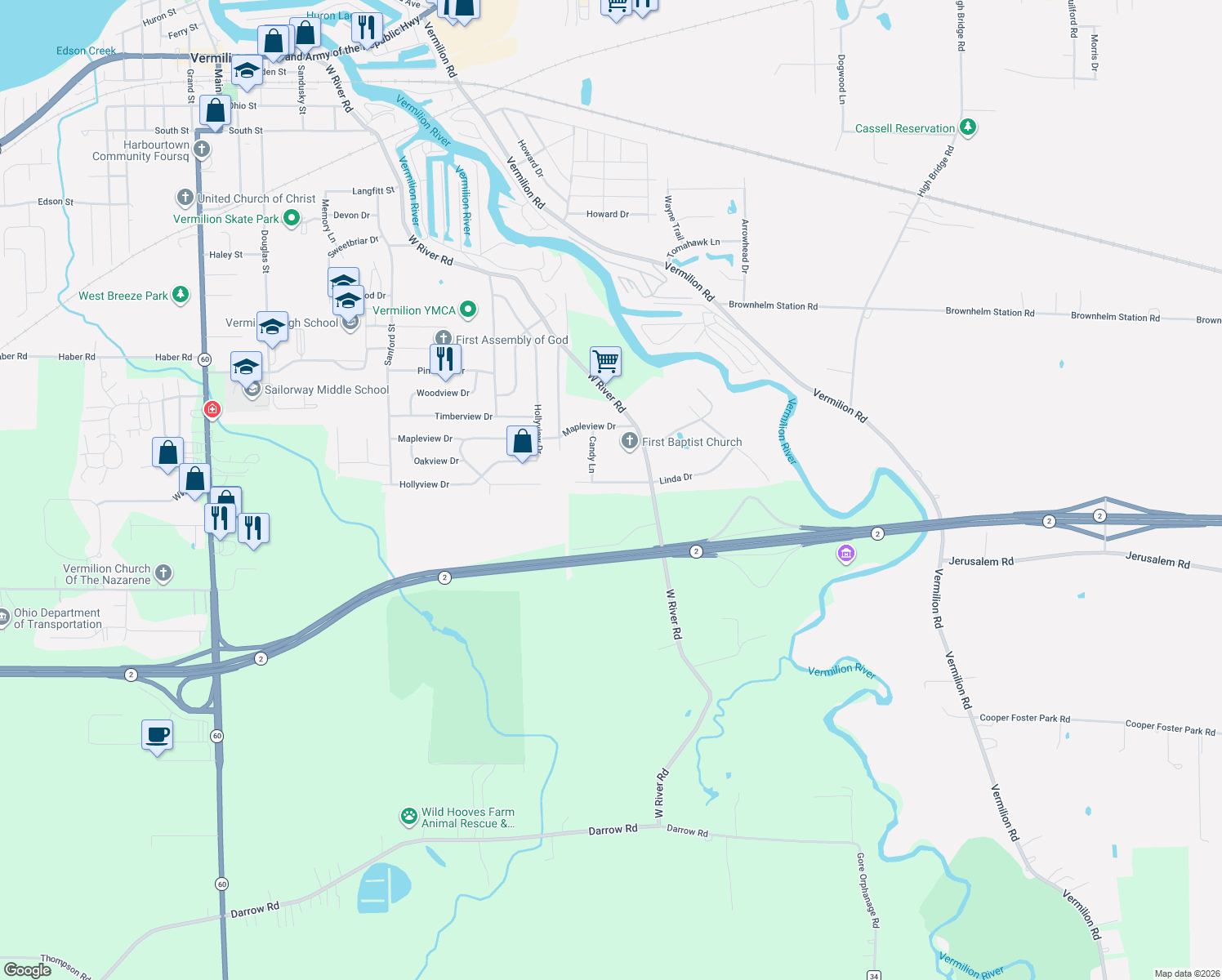 map of restaurants, bars, coffee shops, grocery stores, and more near 4571 Linda Drive in Vermilion
