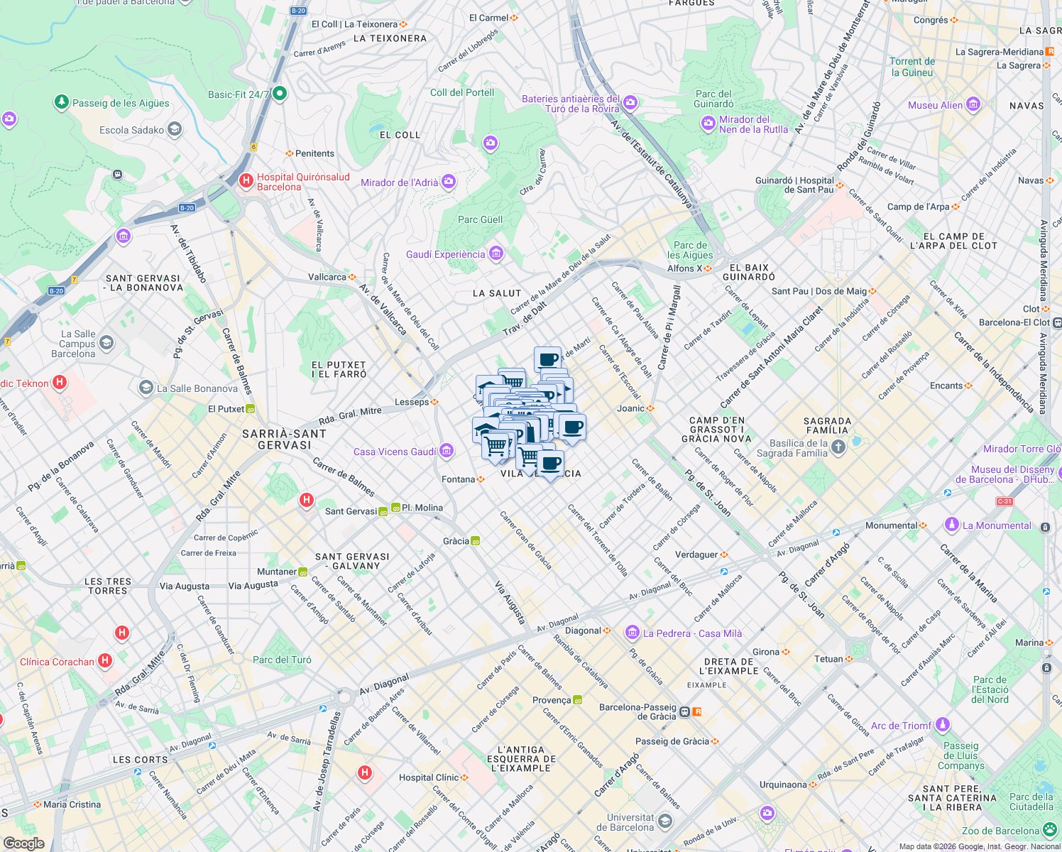 map of restaurants, bars, coffee shops, grocery stores, and more near 68 Carrer de Verdi in Barcelona