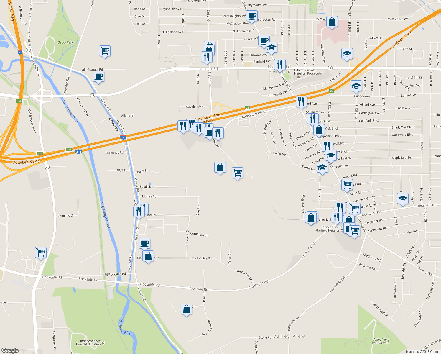 map of restaurants, bars, coffee shops, grocery stores, and more near 11804 Fordham Rd in Garfield Heights